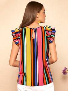 SHEIN VCAY Striped Print Ruffle Trim Blouse