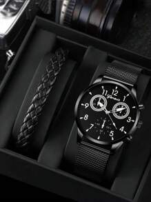 1入組圓形指針石英手錶和1入組手環 - 黑色 - 查看 2