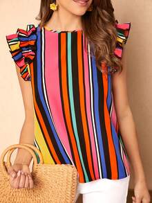 SHEIN VCAY Striped Print Ruffle Trim Blouse