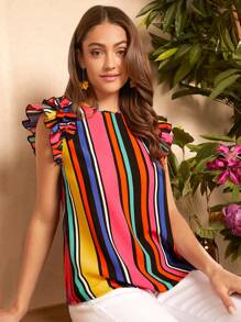 SHEIN VCAY Striped Print Ruffle Trim Blouse