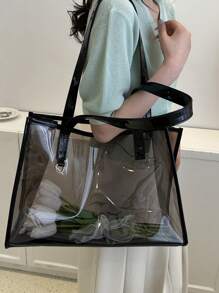 Large Beach Bag Clear Black Plastic Minimalist - Black - View 1