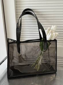 Large Beach Bag Clear Black Plastic Minimalist - Black - View 6