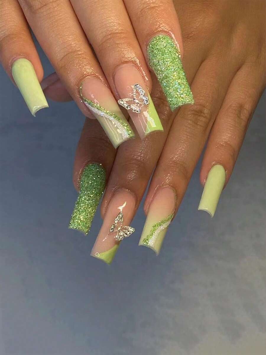 Nâng tầm phong cách của bạn với 24 chiếc Long Coffin 3D Butterfly Decor Full Cover Bộ móng tay giả - Nhiều màu - Xem 1