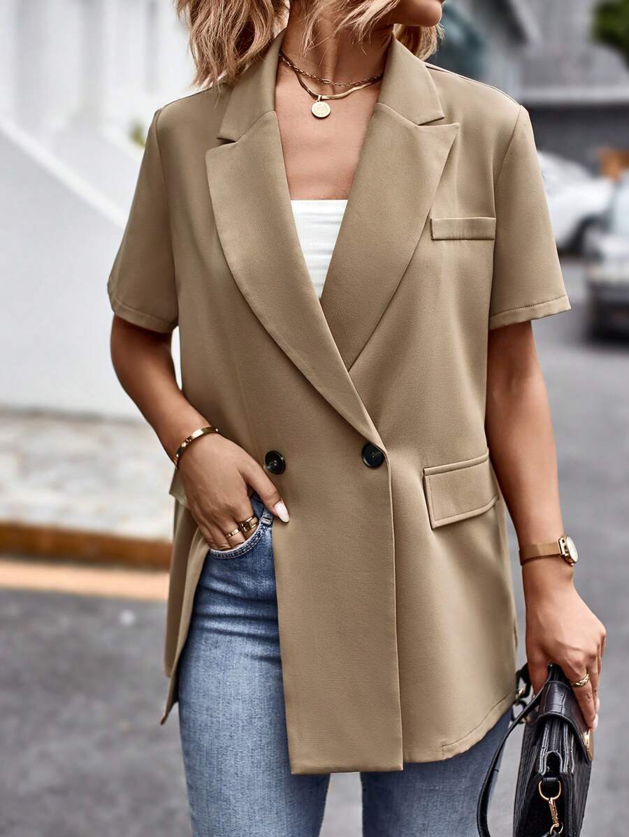 SHEIN Essnce 下擺開叉雙排釦西裝外套 - 卡其色 - 查看 1