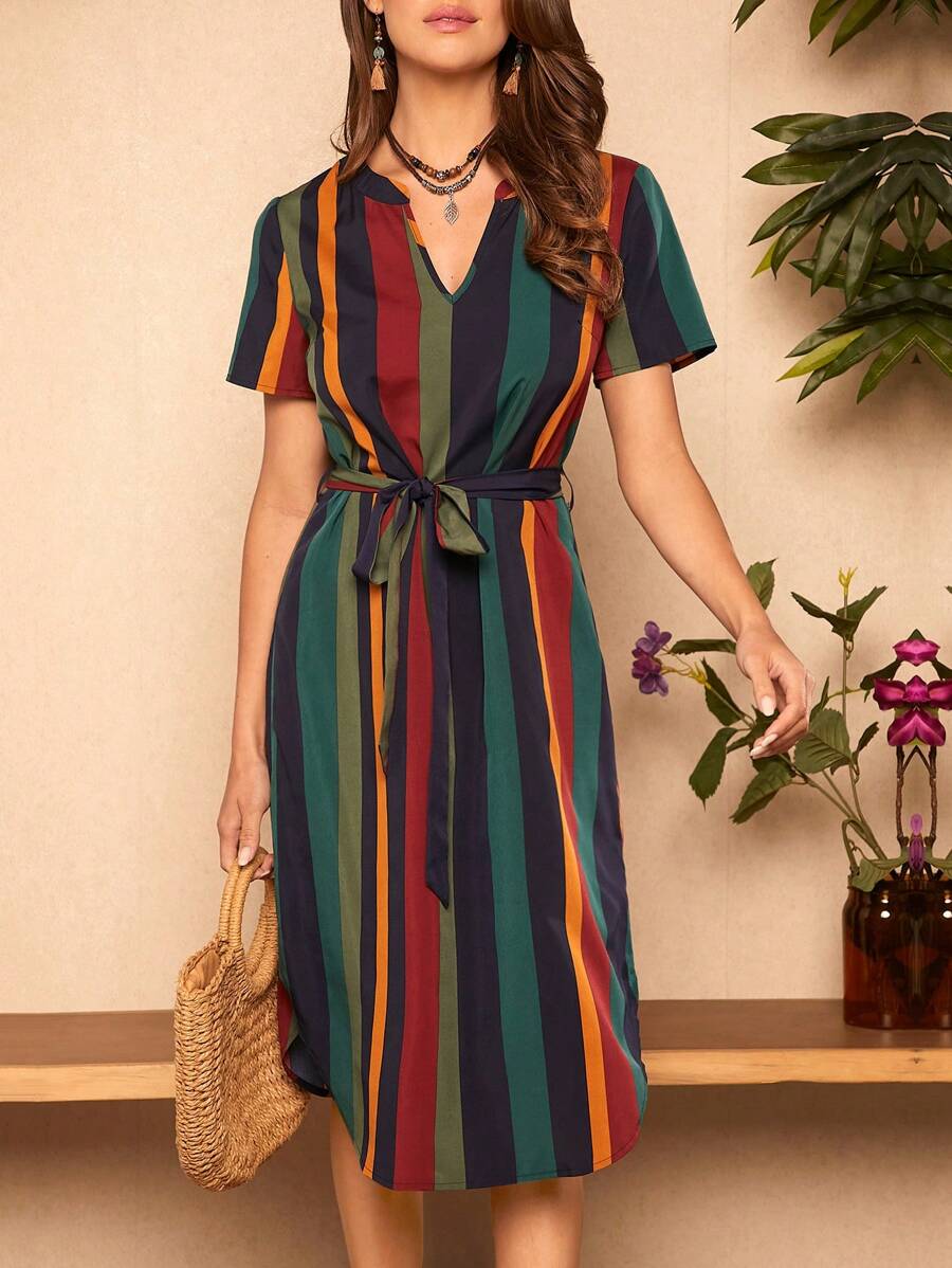 SHEIN Clasi Summer Vacation Outfits  Striped Print Belted Dress - Multicolor - View 1