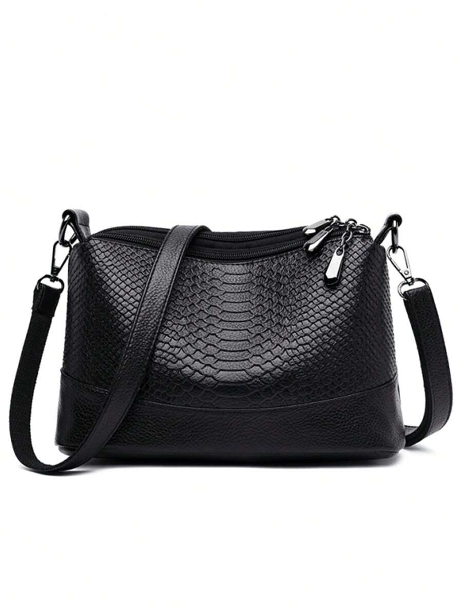 Medium Crossbody Bag Embossed Detail Solid Black - Black - View 1