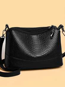 Medium Crossbody Bag Embossed Detail Solid Black - Black - View 2