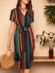 SHEIN Clasi Summer Vacation Outfits  Striped Print Belted Dress - Multicolor - View 4