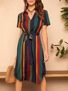 SHEIN Clasi Summer Vacation Outfits  Striped Print Belted Dress - Multicolor - View 5