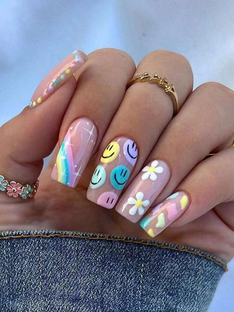 estilo con 24 piezas largo cuadrado con patrón floral cobertura total Uña postiza Set - Multicolor - Ver 1