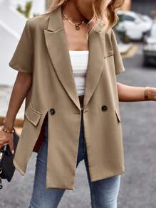 SHEIN Essnce 下擺開叉雙排釦西裝外套 - 卡其色 - 查看 6