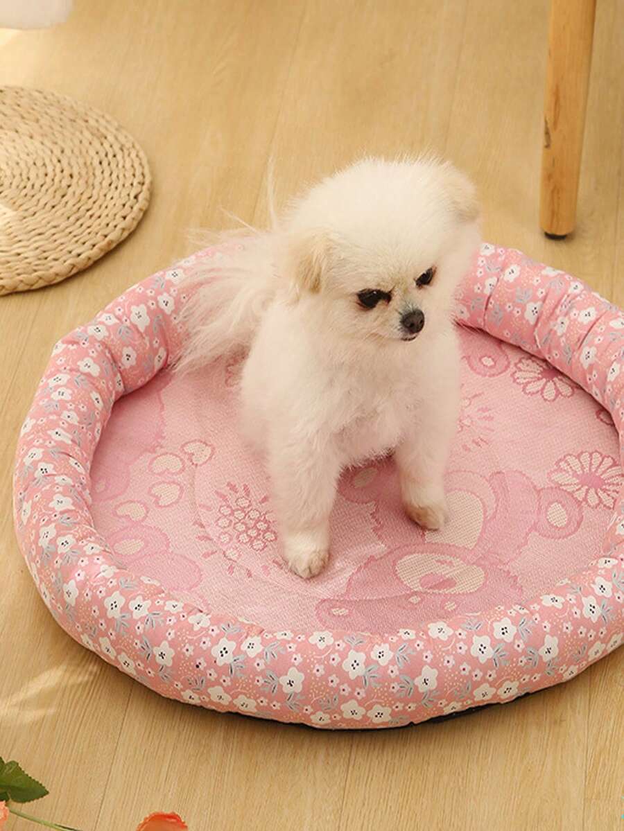 1pc Flower & Bear Pattern Round Pet Bed For Dog And Cat For Sleeping - Pink - View 1