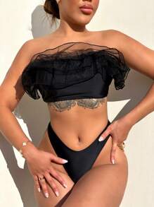 荷葉邊抹胸比基尼泳裝 - 黑色 - 查看 5