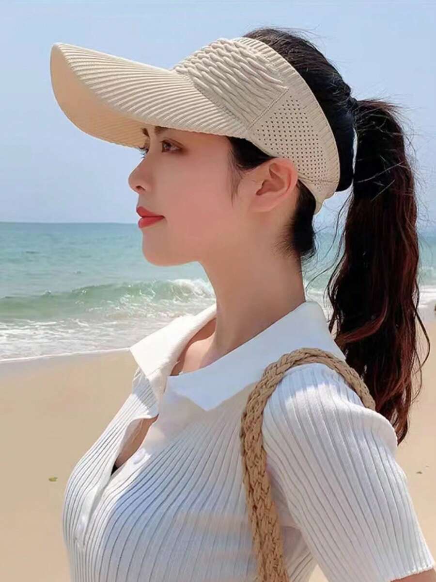 1入組女士紋理質感防曬休閒遮陽帽適用於戶外 - 米色 - 查看 1