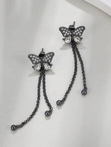 對精緻優雅立方氧化鋯蝴蝶吊式耳環長空心鍊式吊式耳環甜美耳環適合女士日常佩戴 - 槍黑色 - 查看 2