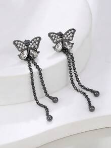 對精緻優雅立方氧化鋯蝴蝶吊式耳環長空心鍊式吊式耳環甜美耳環適合女士日常佩戴 - 槍黑色 - 查看 3
