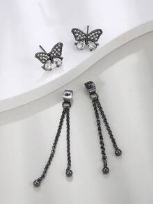 對精緻優雅立方氧化鋯蝴蝶吊式耳環長空心鍊式吊式耳環甜美耳環適合女士日常佩戴 - 槍黑色 - 查看 4