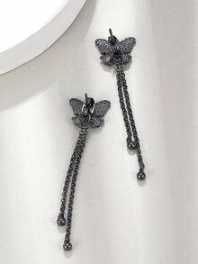 對精緻優雅立方氧化鋯蝴蝶吊式耳環長空心鍊式吊式耳環甜美耳環適合女士日常佩戴 - 槍黑色 - 查看 7