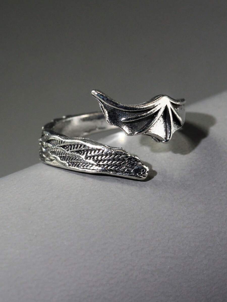 1入組復古不銹鋼機翼設計開口戒指適合女士日常裝飾 - 復古銀色 - 查看 1