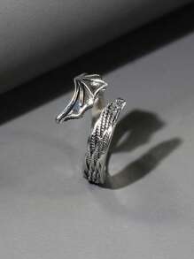 1入組復古不銹鋼機翼設計開口戒指適合女士日常裝飾 - 復古銀色 - 查看 2