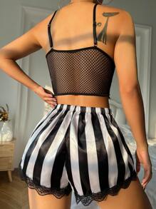 con encaje en contraste Top de tirantes & de rayas Shorts Conjunto de pijama - Blanco y Negro - Ver 2
