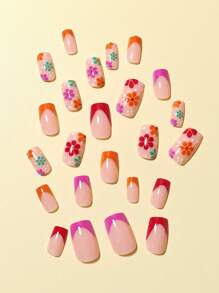 用24入組短方形花卉圖案全覆蓋假指甲套裝變得迷人 - 彩色 - 查看 3