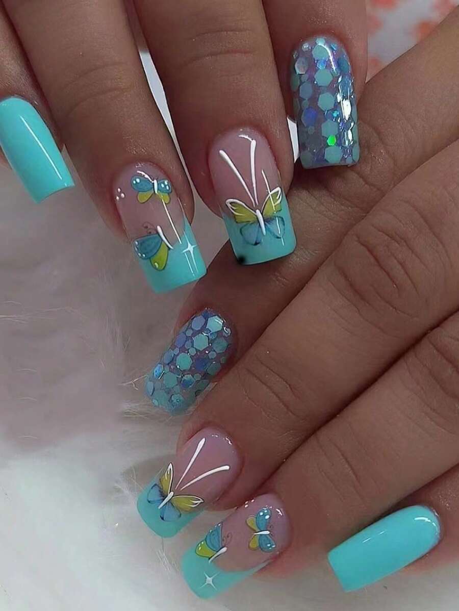 Biến hóa móng tay của bạn với Bộ móng tay giả dài 24 chiếc họa tiết bướm vuông che phủ hoàn toàn - Nhiều màu - Xem 1
