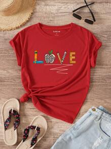 SHEIN LUNE 字母圖案T恤 - 紅色 - 查看 1