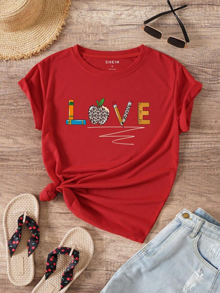SHEIN LUNE 字母圖案T恤 - 紅色 - 查看 1