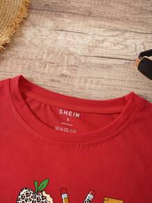 SHEIN LUNE 字母圖案T恤 - 紅色 - 查看 5