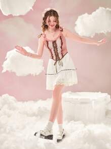 ROMWE Áo khoác và áo lót dành cho xe tăng nữ Tương phản ren viền lá sen Bất đối xứng Ren lên Khối Màu Giải trí - Hồng - Xem 2