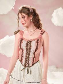 ROMWE Áo khoác và áo lót dành cho xe tăng nữ Tương phản ren viền lá sen Bất đối xứng Ren lên Khối Màu Giải trí - Hồng - Xem 5