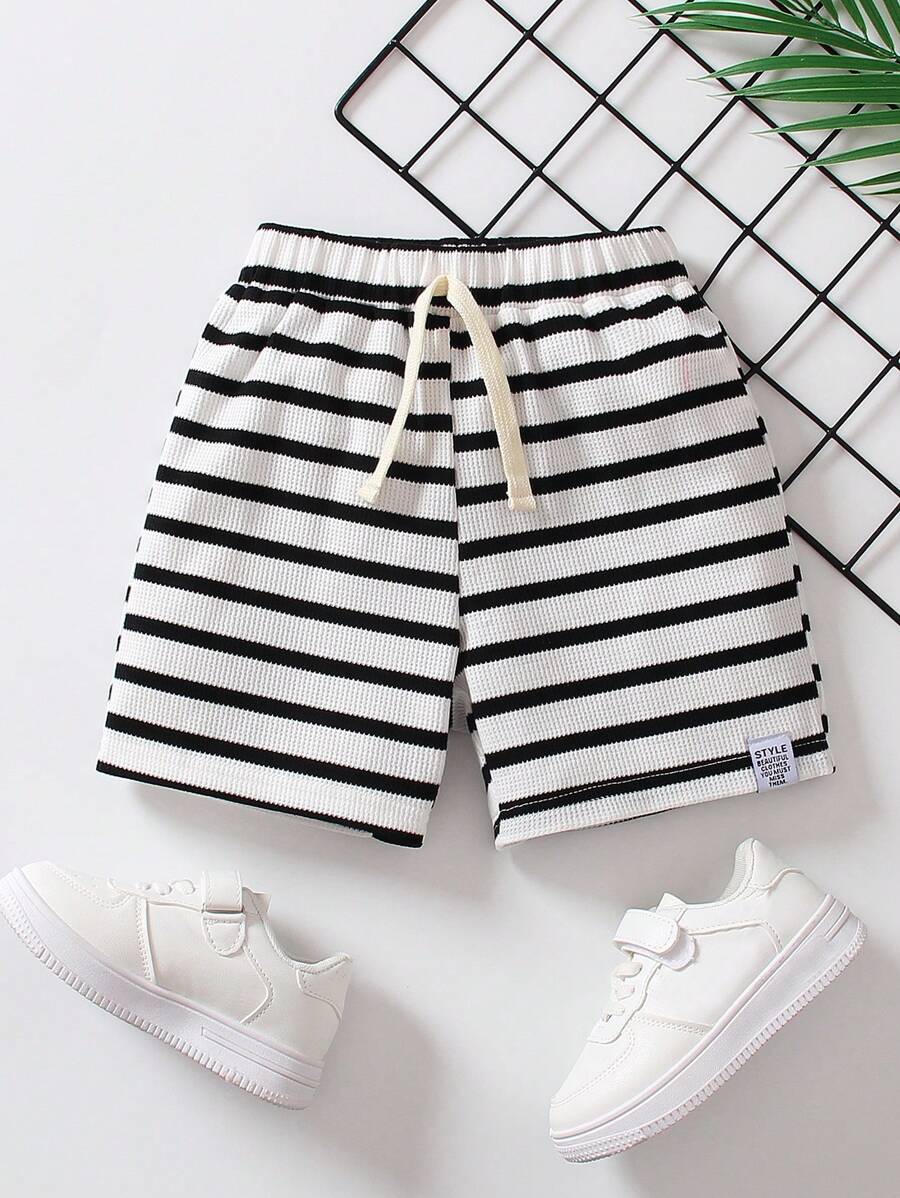 SHEIN Toddler Boys Striped Print Letter Patched Detail Shorts
