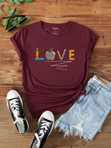 SHEIN LUNE Letter Graphic Tee - Burgundy - View 1