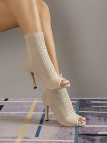 夏季新款时尚女士一脚蹬高跟凉鞋，针织鱼形设计 - 米色 - 查看 4