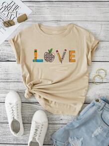 SHEIN LUNE 豹紋和字母圖案T恤 - 卡其色 - 查看 1