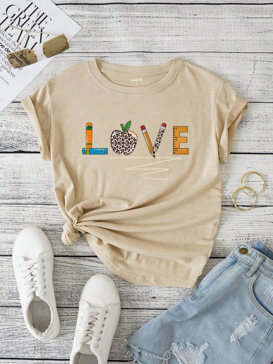 SHEIN LUNE 豹紋和字母圖案T恤 - 卡其色 - 查看 1