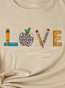 SHEIN LUNE 豹紋和字母圖案T恤 - 卡其色 - 查看 3