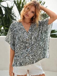 SHEIN VCAY Paisley Print Batwing Sleeve Blouse - Multicolor - View 1