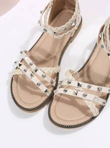 Dép đi biển màu be dành cho nữ, chi tiết bện trang trí đính đá - Màu be - Xem 3