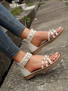 Dép đi biển màu be dành cho nữ, chi tiết bện trang trí đính đá - Màu be - Xem 5