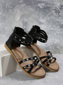 Dép đi biển màu đen dành cho nữ, Dép có dây đeo mắt cá chân trang trí đính đá - màu đen - Xem 3