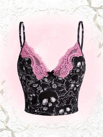 Kawaii Cami Top mit Schädel Muster, Kontrast Spitzen,