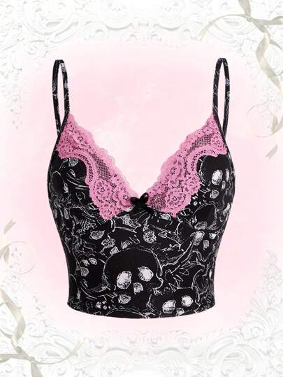 Kawaii Top À Fines Brides Imprimé Tête De Mort En Dentelle