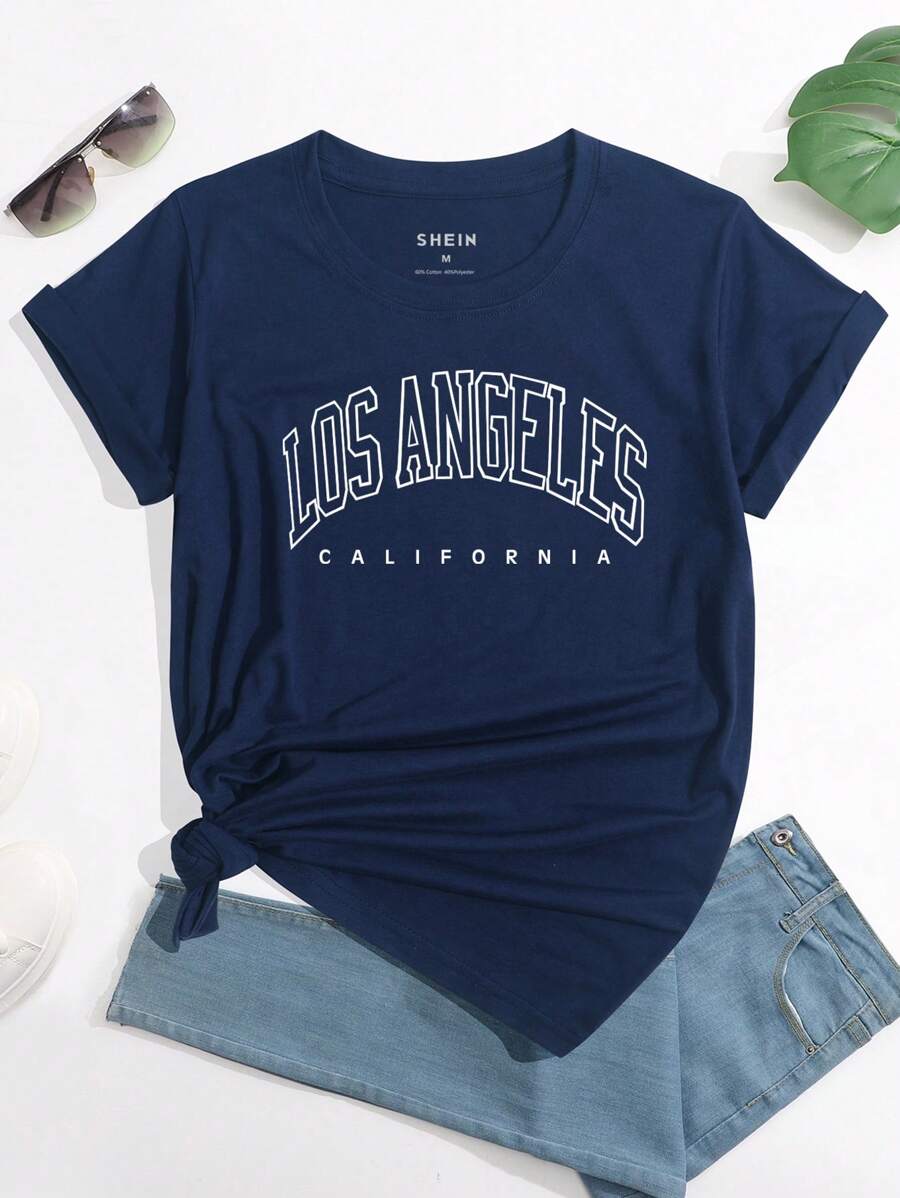 INAWLY Letter Graphic Tee Graphic Tees Women Tops - Navy Blue - View 1