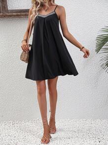 SHEIN LUNE 織帶拼接吊帶連衣裙 - 黑色 - 查看 3