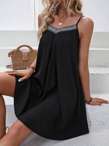 SHEIN LUNE 織帶拼接吊帶連衣裙 - 黑色 - 查看 4