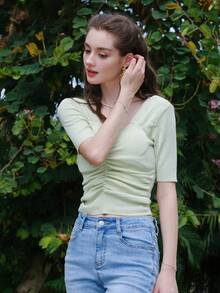 Solid Ruched Crop Knit Top - Mint Green - View 3