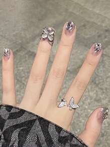 Transform Your Nails With 24pcs Medium Square 3D Butterfly Decor Rhinestone Fake Nail & 1pc Nail File & 1sheet Tape Press On Nails Nail Supplies - Multicolor - View 1