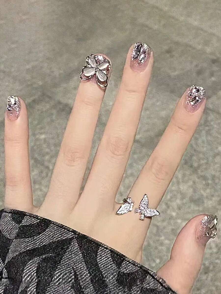 Transform Your Nails With 24pcs Medium Square 3D Butterfly Decor Rhinestone Fake Nail & 1pc Nail File & 1sheet Tape Press On Nails Nail Supplies - Multicolor - View 1